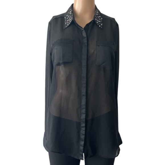 Guess Semi Sheer With Sparkly Jeweled Decor Size S Hidden Button-Down - Picture 1 of 9